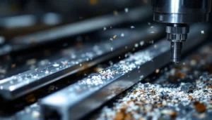 CNC turning machine cutting metal parts in workshop. Industrial manufacturing, metalworking process, machining, tool work, turning, industry, technology, engineering. Precision metal cutting,